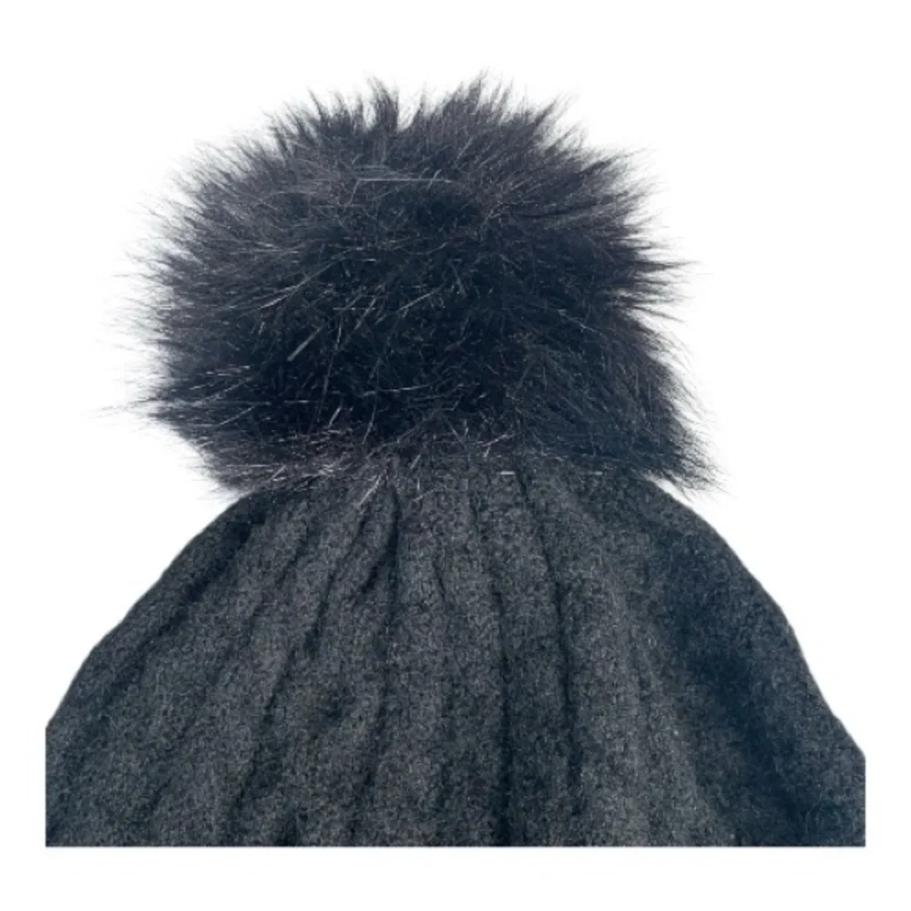 LOFT Black Cable Knit Faux Fur Beanie Hat Matching Faux Fur Mittens Fleece Lined